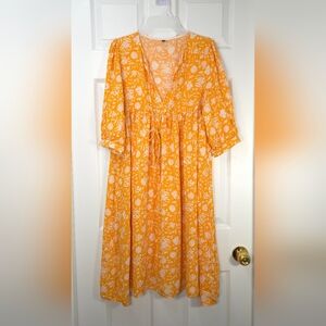 Floral Yellow Boho Dress 3/4 Sleeves Versatile Viscose Lightweight